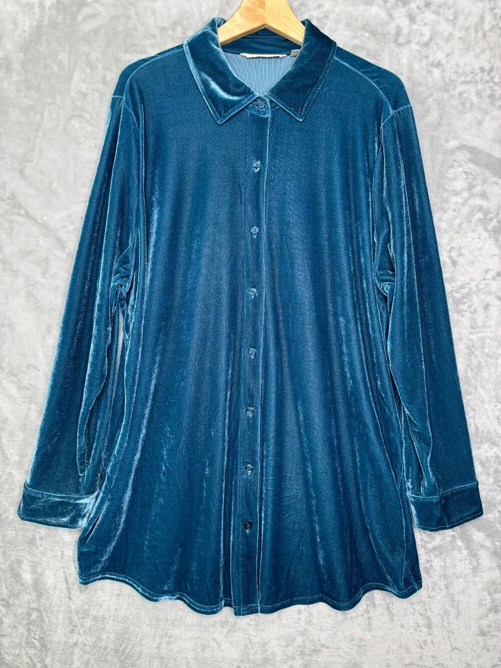 Soft Surroundings Top Womens 1X Blue Teal Velvet Velour Button Front Quite Luxe